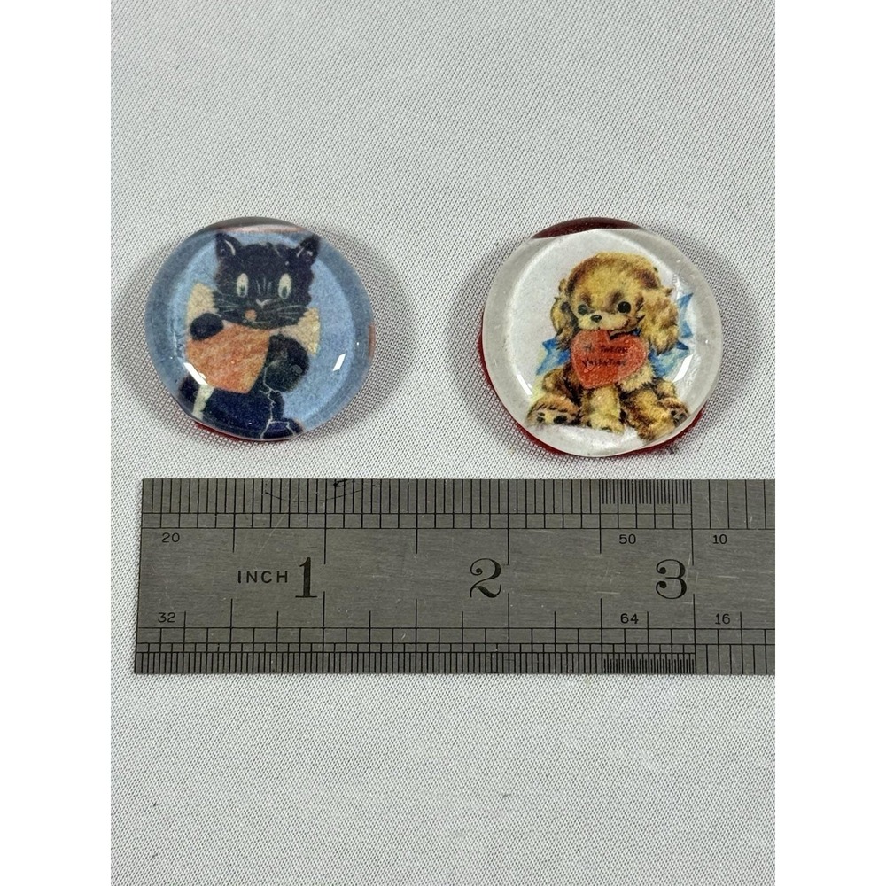Vintage Style Valentine Cat and Puppy Glass Cabochon Set of 2 Red Felt